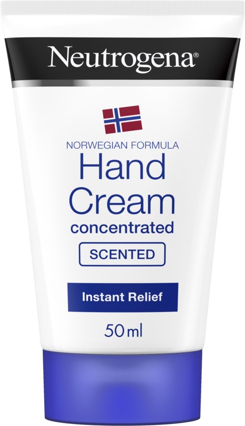 Weiche weiße und blaue Tube von Neutrogena Handcreme mit norwegischer Flagge, beschriftet für duftend, sofortige Linderung, 50 ml.