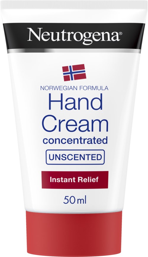 Eine weiße und rote Tube mit Neutrogena Handcreme mit norwegischer Flagge, bietet sofortige Linderung bei trockenen Händen.