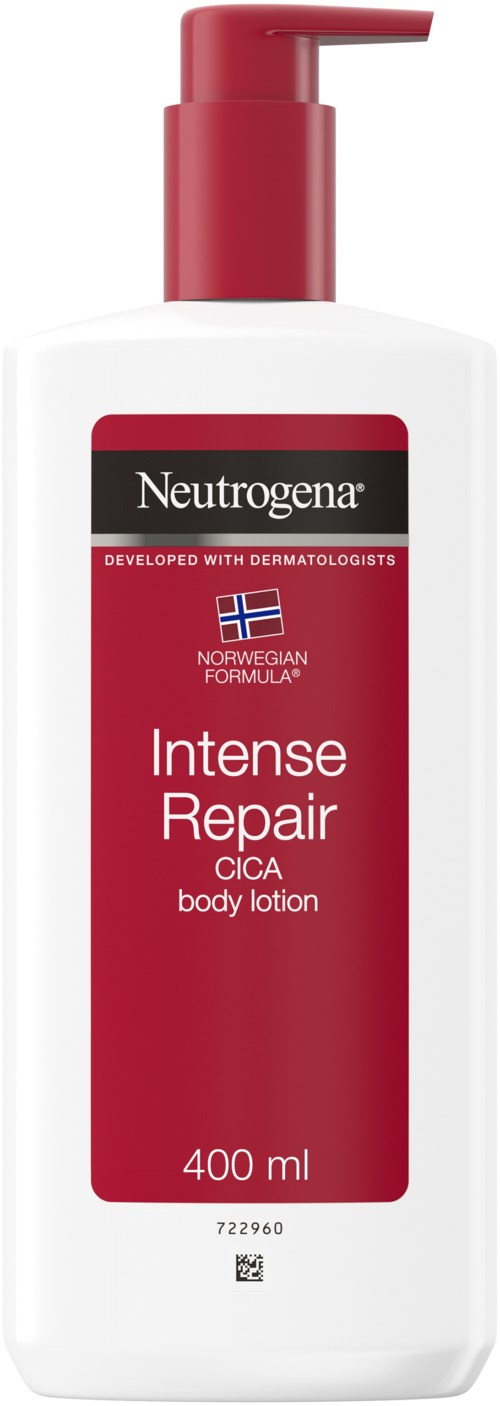 Eine weiße Flasche mit roter Pumpe enthält Neutrogena Intense Repair CICA Körperlotion, 400 ml.