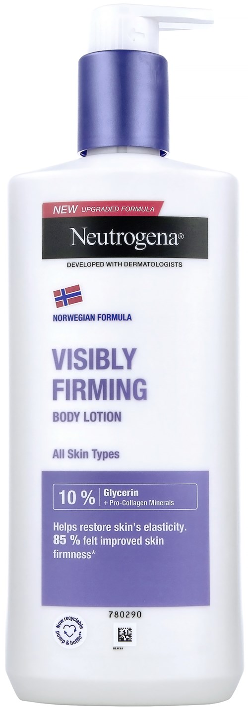A white bottle with blue cap, labeled 'Neutrogena Visibly Firming Body Lotion' for all skin types. Contains 10% glycerin.