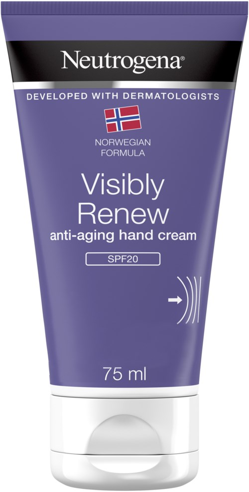 Eine Tube Neutrogena Handcreme mit der Aufschrift 'Visibly Renew,' SPF20, 75 ml, mit lila Design und norwegischer Flagge.