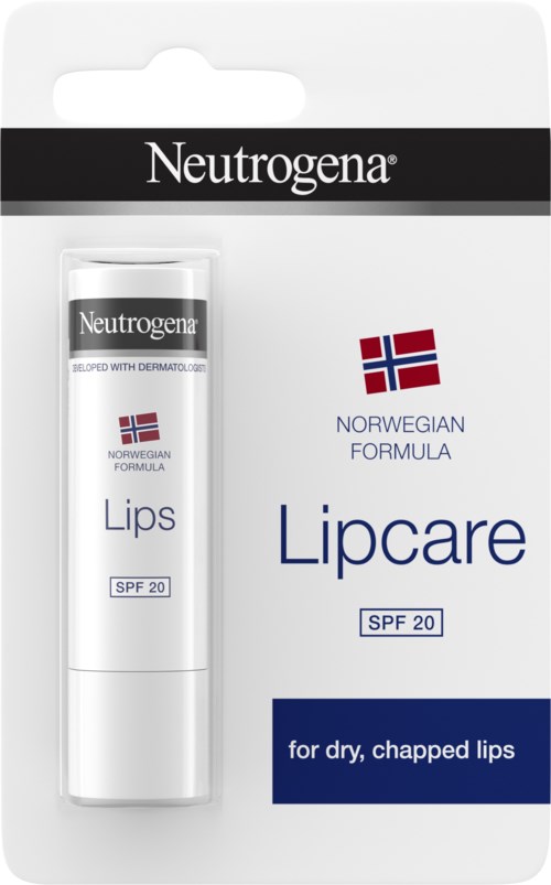Lippenbalsam für trockene, rissige Lippen mit SPF 20 in weißem Behälter. Neutrogena und Norwegian Formula sind auf der Verpackung.