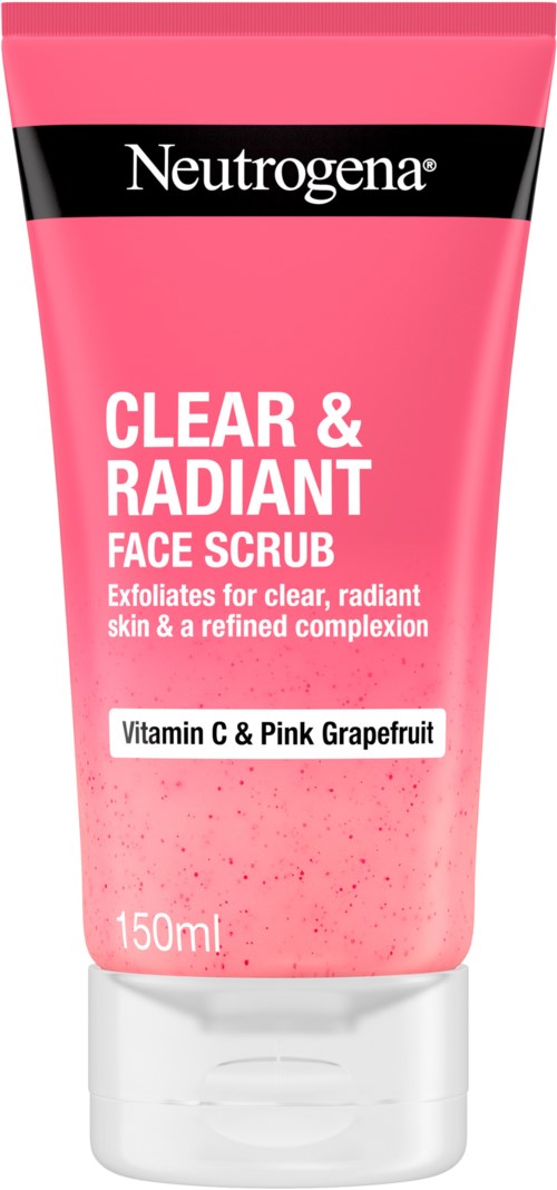 Pinke Tube mit schwarzem Band, weißen und pinken Text und transparenter Klappverschluss. Es ist ein Gesichtspeeling für strahlende Haut.