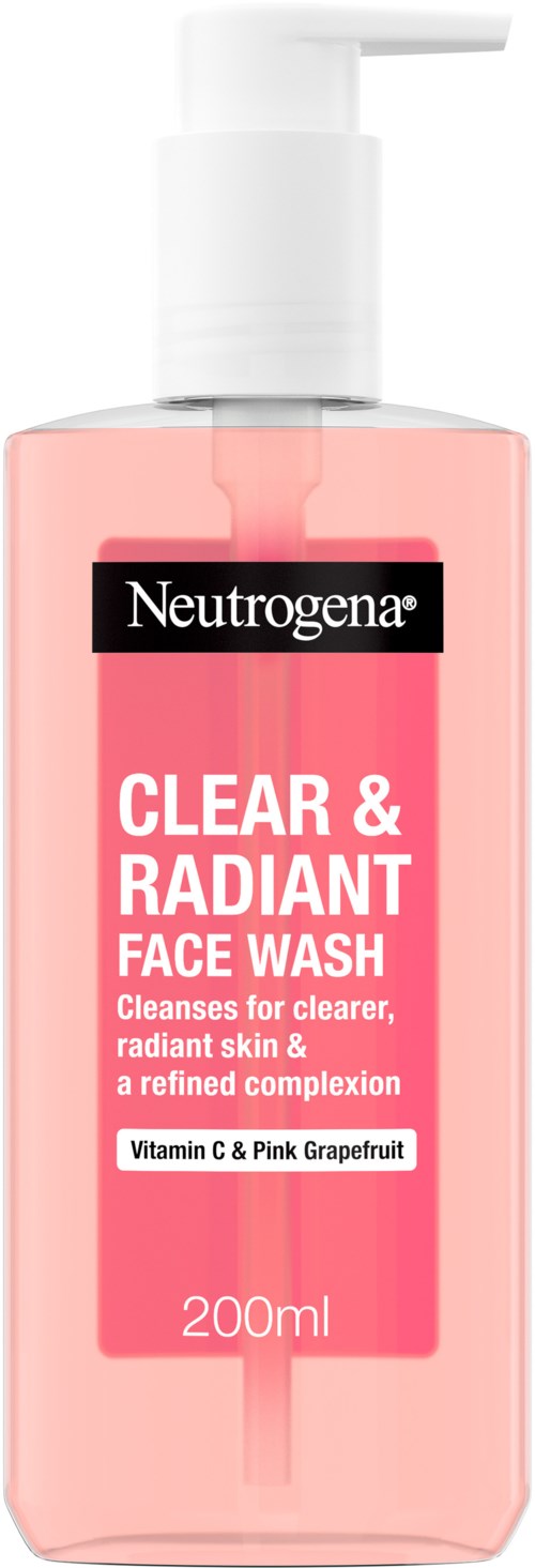 Neutrogena Clear & Radiant Gesichtsreiniger Flasche mit rosa Flüssigkeit und weißer Pumpe. Etikett beschreibt es für strahlende Haut.