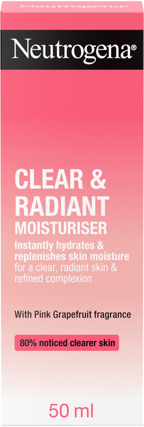 Neutrogena Clear & Radiant Feuchtigkeitscreme, pinke Verpackung, 50 ml, mit Grapefruitduft, verspricht klarere Haut.