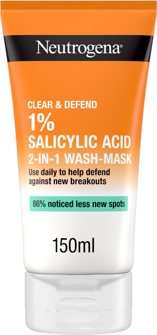 Orange-weiße Tube mit Neutrogena Gesichtsmaske, schwarzem Text und blauer Hervorhebung.