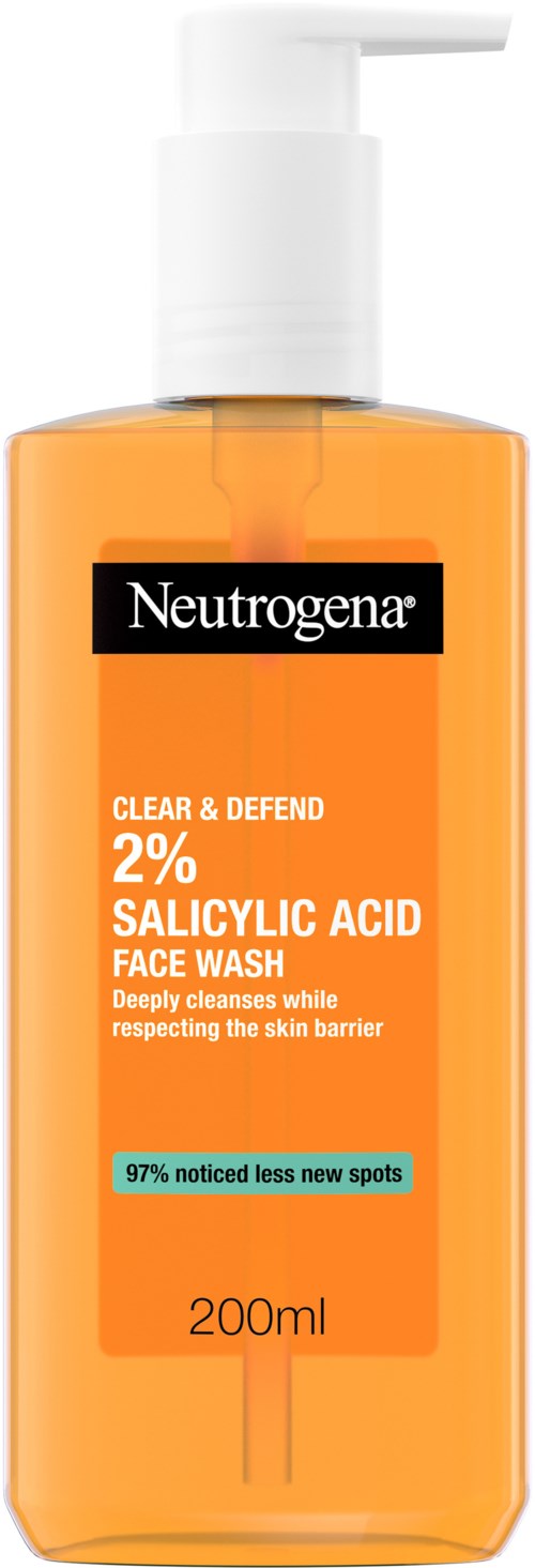 Eine Flasche Neutrogena Gesichtswäsche mit orange-schwarzem Etikett, 200 ml, gegen Akne.
