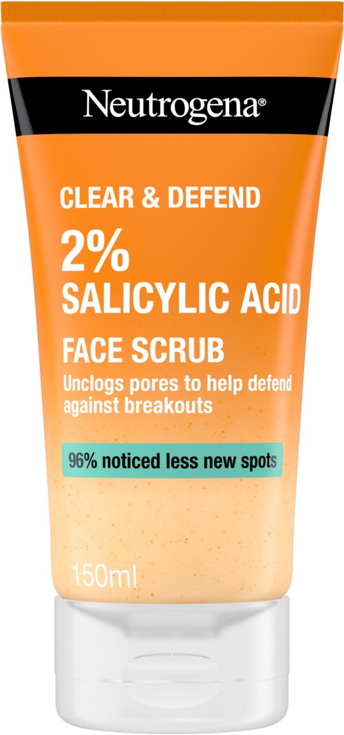 Neutrogena Gesichtspeeling in orange-schwarzer Tube, enthält 2% Salicylsäure, hilft, Poren zu reinigen und Hautunreinheiten zu reduzieren.