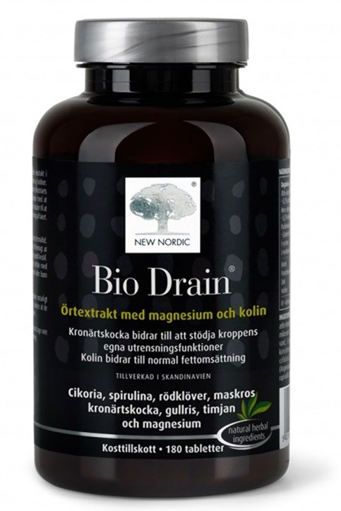 A bottle labeled 'Bio Drain' with natural ingredients like herbs, magnesium, and calcium. Contains 180 tablets for health support.