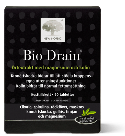 Box of Bio Drain herbal supplement with magnesium and kelp, supporting digestion and overall health, containing 90 tablets.