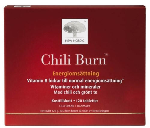 Red box for Chili Burn dietary supplement with vitamins, minerals, chili, and green tea. Contains 120 tablets.