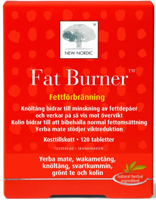 Red box of Fat Burner pills with natural herbal ingredients, including herbs like yerba mate and green tea.