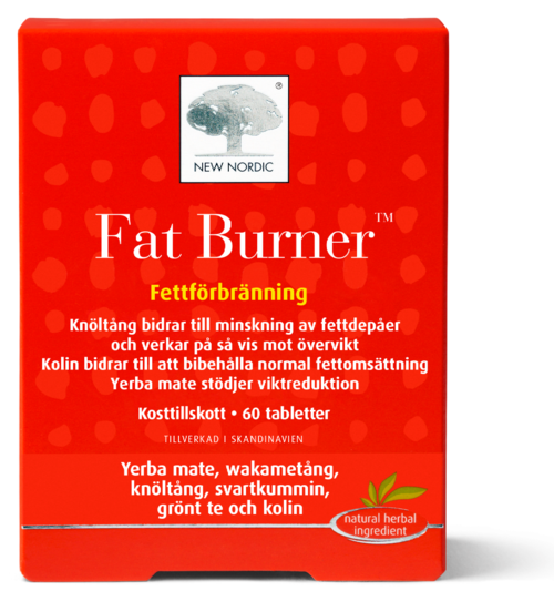 Red box labeled 'Fat Burner' with Swedish text, a logo of a tree, and a note about herbal ingredients.