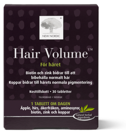 A box labeled 'Hair Volume' with text in Swedish, saying it helps maintain normal hair using natural ingredients.