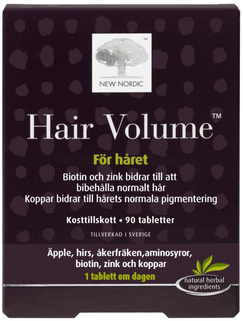 A box labeled 'Hair Volume' with ingredients listed, including biotin, zinc, apples, and herbs, in Swedish.
