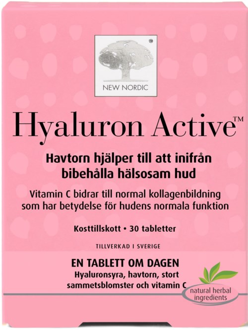 Rosa förpackning med 30 tabletter, innehåller naturliga växter, förbättrar huden med C-vitamin, för kollagen och hudhälsa.