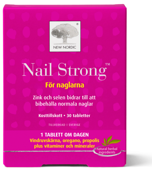 Rosa förpackning med kosttillskott för naglar, innehållande örter, vitaminer och mineraler, tillverkad i Sverige.