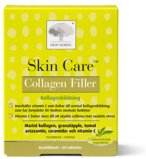 Yellow box of Collagen Filler supplements with plant images and text about skin and antioxidant support.
