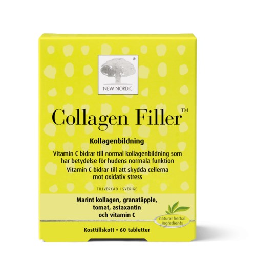 Yellow box packaging of collagen tablets with text about skin and cell protection benefits.