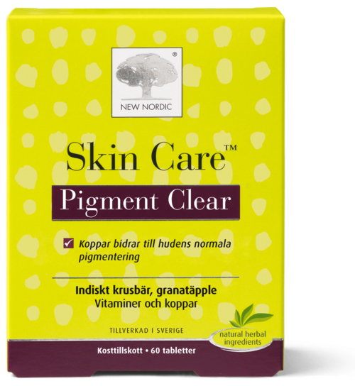Gele doos met donkerpaarse label, vermeldt huidverzorging, pigmentvrij, vitamines, koper, bessen en kruideningrediënten.