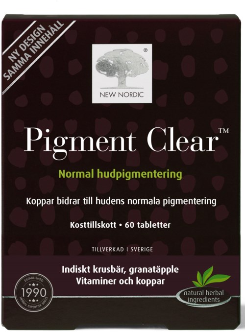Donkere doos met witte en groene tekst, toont voedingssupplement genaamd Pigment Clear voor huidpigmentatie.