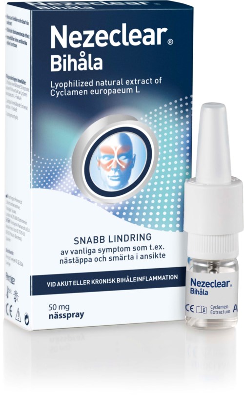 Box and nasal spray bottle for Nezclear Bihåla, used for quick relief of sinus symptoms, especially with inflammation.