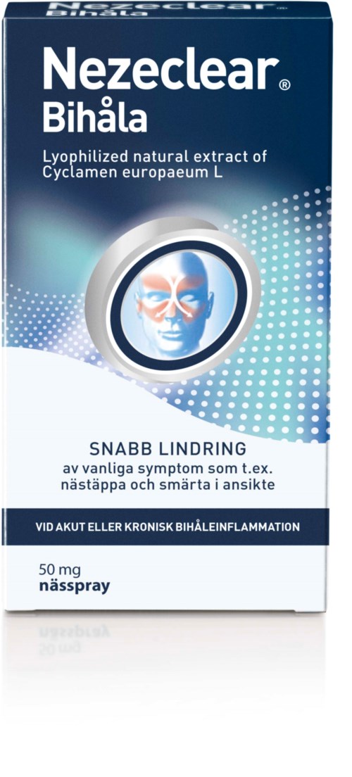 Box for Nezclear Bihåla nasal spray with text about quick relief for sinus symptoms.