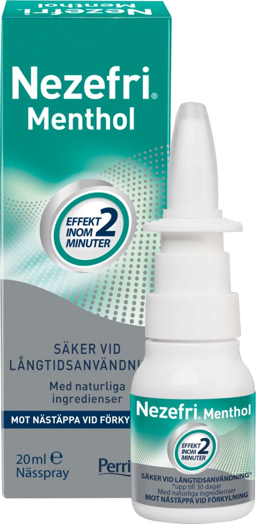 A menthol nasal spray with a green and white box, labeled for quick relief and natural ingredients.