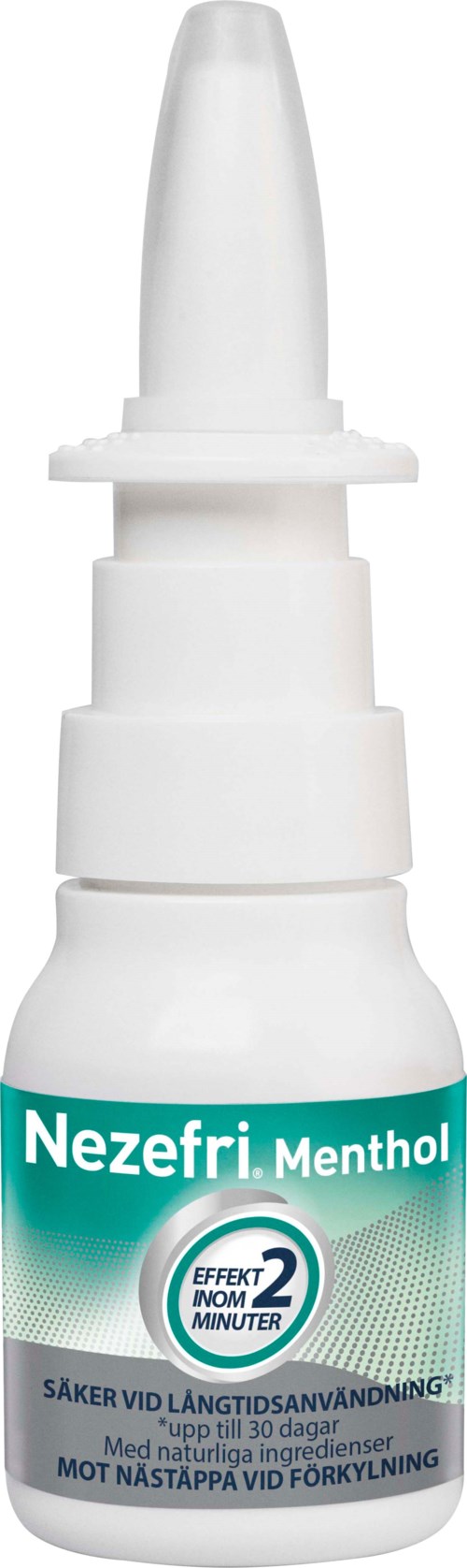 A small white nasal spray bottle labeled "Nezefri Menthol" for long-lasting nasal relief.