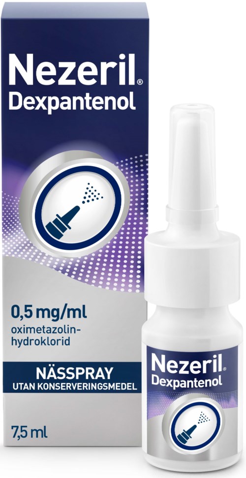 En nässprayflaska och förpackning som visar märket Nezeril Dexpantenol, 0,5 mg/ml, 7,5 ml, utan konserveringsmedel.