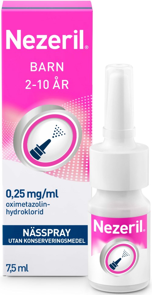 Nezeril nässpray för barn 2-10 år med medicin för nästäppa, 7,5 ml i rosa och vit förpackning.