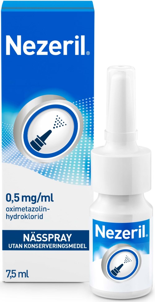 En nässpraysflaska märkt Nezeril med en blå låda, som visar dosering och ingrediensinformation.