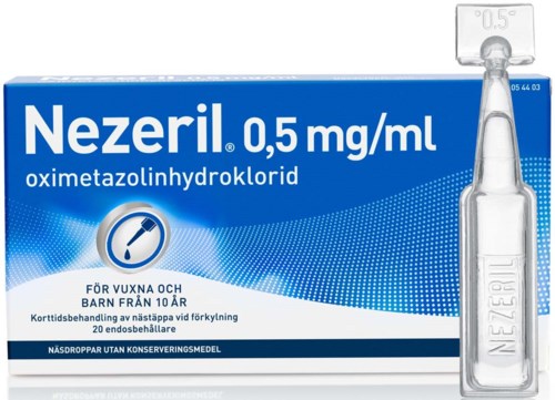 Läkemedelsförpackning med glasampull. Etiketter visar Nezeril, 0,5 mg/ml, för vuxna och barn över tio år.