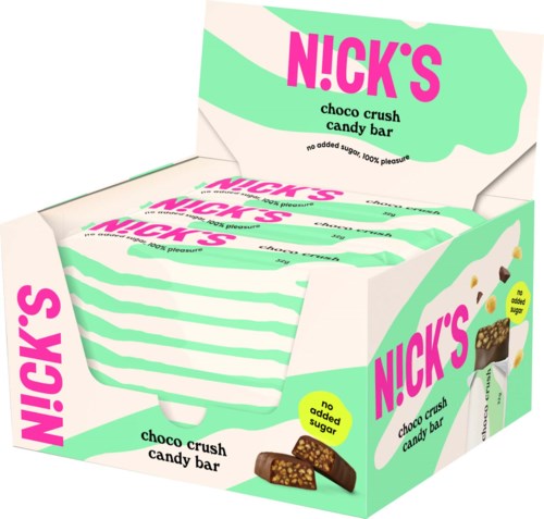 Schachteln mit Nick's Choco Crush Schokoriegel, pink und grün gestaltet, zeigen Schokolade.