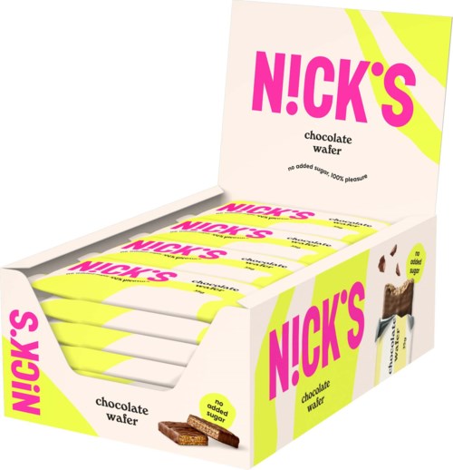 Visning av flere sjokoladevåffel snacks i en lys gul og hvit eske, merket er NICK'S.