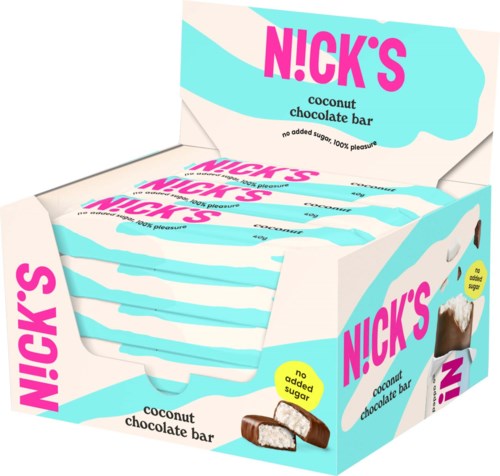 Dies ist eine Anzeige von Kokos-Schokoriegeln, bunte Verpackung mit Text und Bild des Schokoriegels.