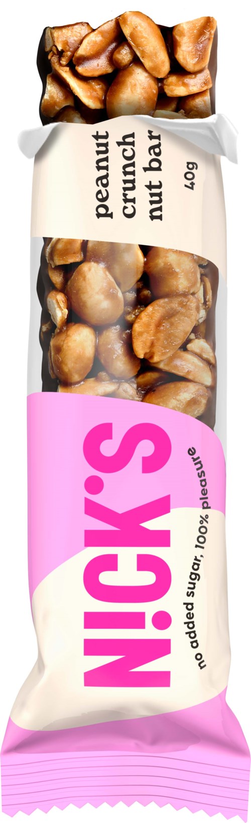 Ein Snackriegel mit Erdnüssen, verpackt in pink-weißer Verpackung, mit 'NICK's' beschriftet.