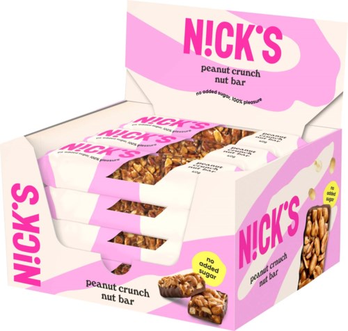 Rosa und weiße Snackboxen mit Erdnuss-Krunch-Nussriegeln mit sichtbaren Nüssen.