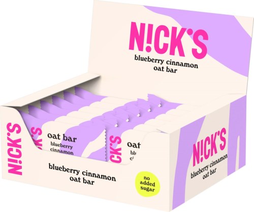 Bild zeigt pinken und lila Text für Nick's Blaubeer-Zimt Haferbar, mit Bars in einer weißen und lila Box.