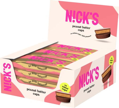 Box of Nick's peanut butter cups with pink and yellow packaging, showing a chocolate cup image.