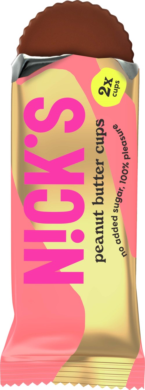 Peanut butter cups in pink and yellow packaging, labeled with "NICK'S" and "2X cups".