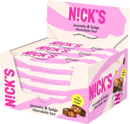Box with pink and white stripes labeled 'Nick's peanuts & fudge chocolate bar.' Shows a chocolate piece with nuts.