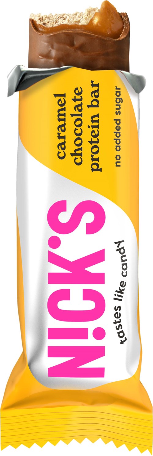 A snack bar named NICKS with caramel chocolate flavor and no added sugar, partly unwrapped showing the inside.