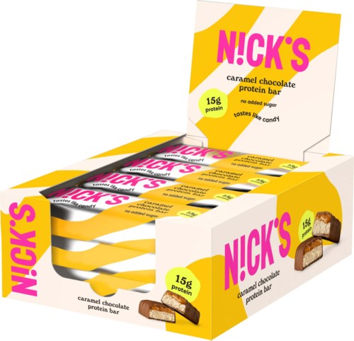 Yellow and white box with pink and black text, containing caramel chocolate protein bars.