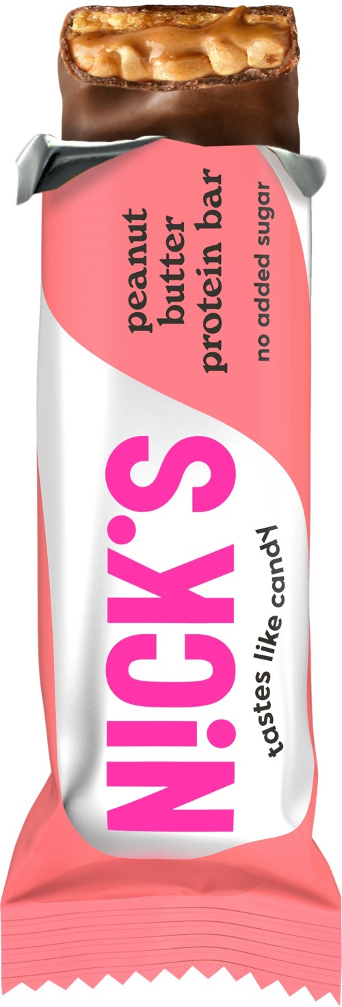 Peanut butter protein bar with no added sugar, pink and white wrapper, and a bite taken out of the top.