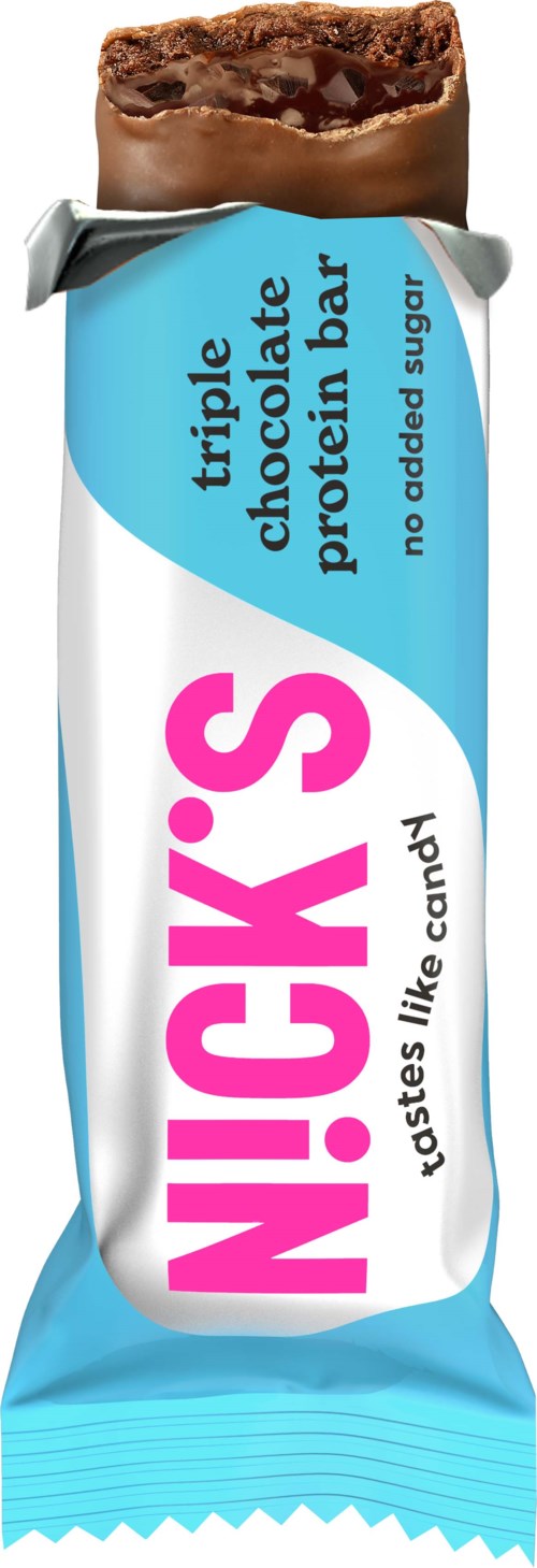 Chocolate protein bar with blue, white, and pink packaging, labeled 'NICK'S' and 'triple chocolate protein bar.'