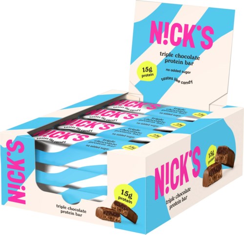 A box displays multiple chocolate protein bars with pink and blue packaging, highlighting 15g protein and no added sugar.