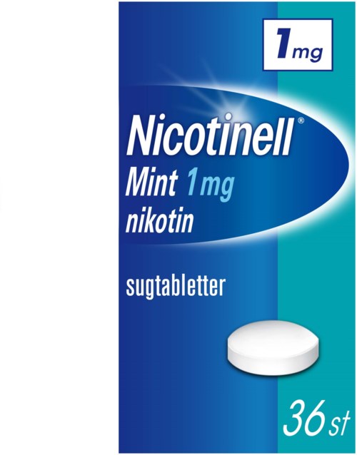 Blå låda med vit text som visar nikotintuggummi, mintsmak, 36 stycken, 1 mg dosering.