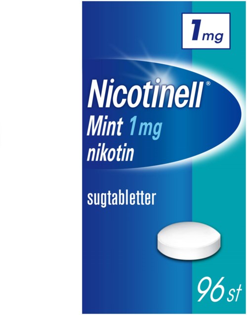 En blå och grön box visar Nicotinell minttabletter med 96 stycken, 1 mg nikotin per tablett, på svenska.