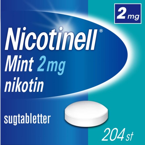 En blå och vit låda märkt Nicolin Mint med 2 mg nikotin, innehållande 204 pastiller.